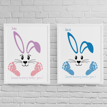 Load image into Gallery viewer, Blue Easter Bunny Printable Footprints  &quot;Some-Bunny Loves You&quot;  Personalized Wall Art