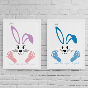 Blue Easter Bunny Printable Footprints  "Some-Bunny Loves You"  Personalized Wall Art